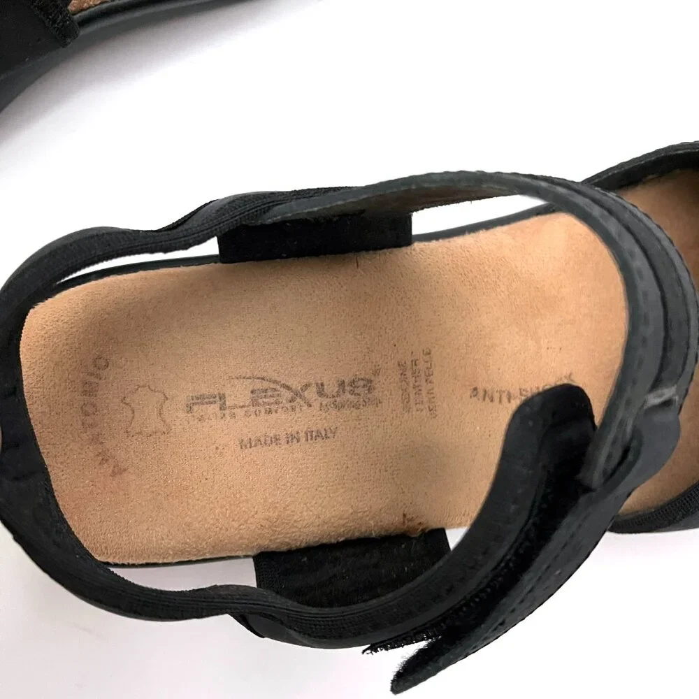 Flexus Sandals Made in Italy Black Leather Comfort Ankle Strap Spring Step - Picture 2 of 12